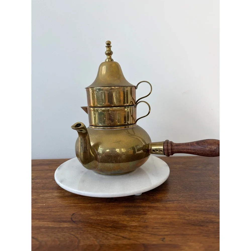 Vintage Brass Stacking Tea Set 3 Tier Teapot Creamer Sugar Wood Handle 8 Inch